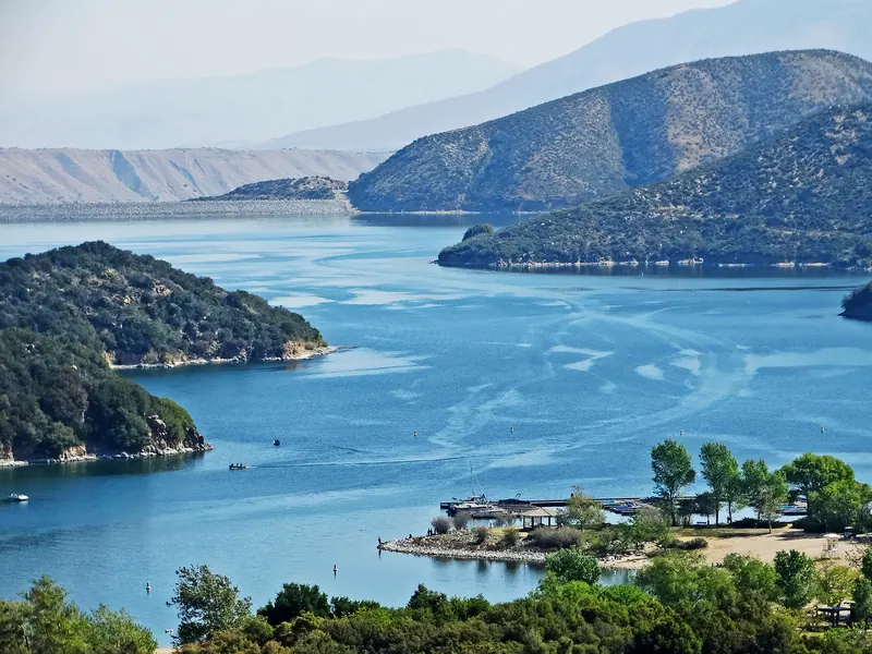 Blue coves of Silverwood Lake with the marina area on the shore